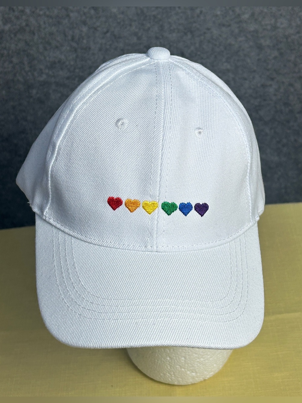 Season of Love White Baseball Cap with Rainbow Heart Embroidery Adjustable New